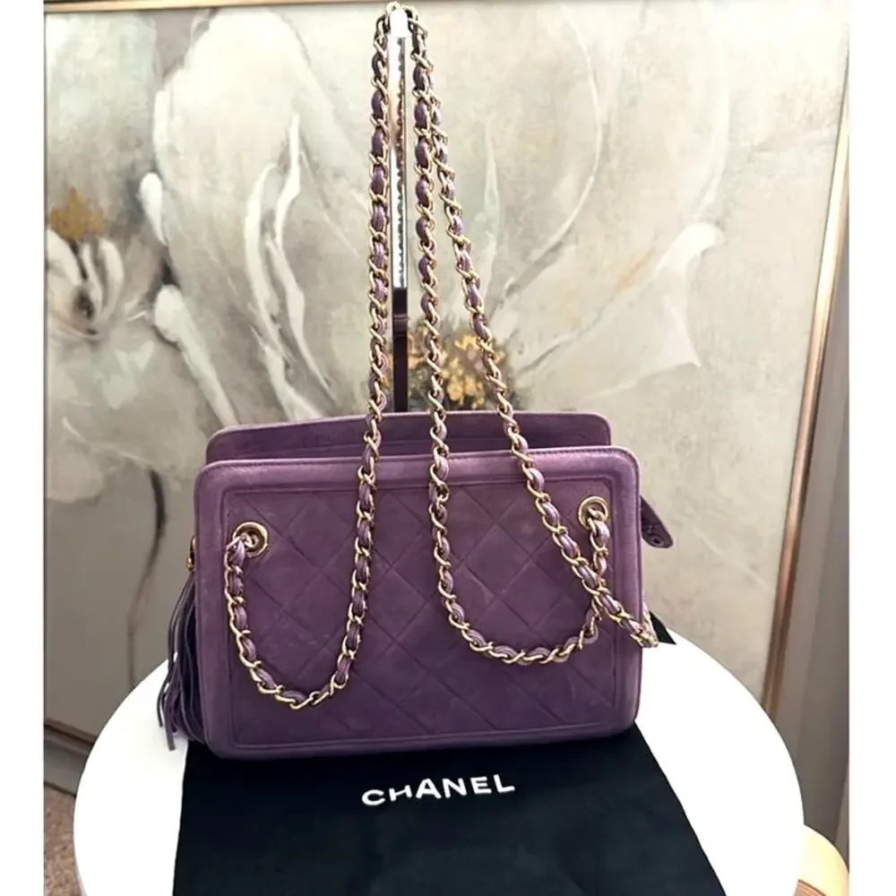 CHANEL Vintage Purple Quilted Suede Chain Link Shoulder Bag CC Logo Tassel Charm